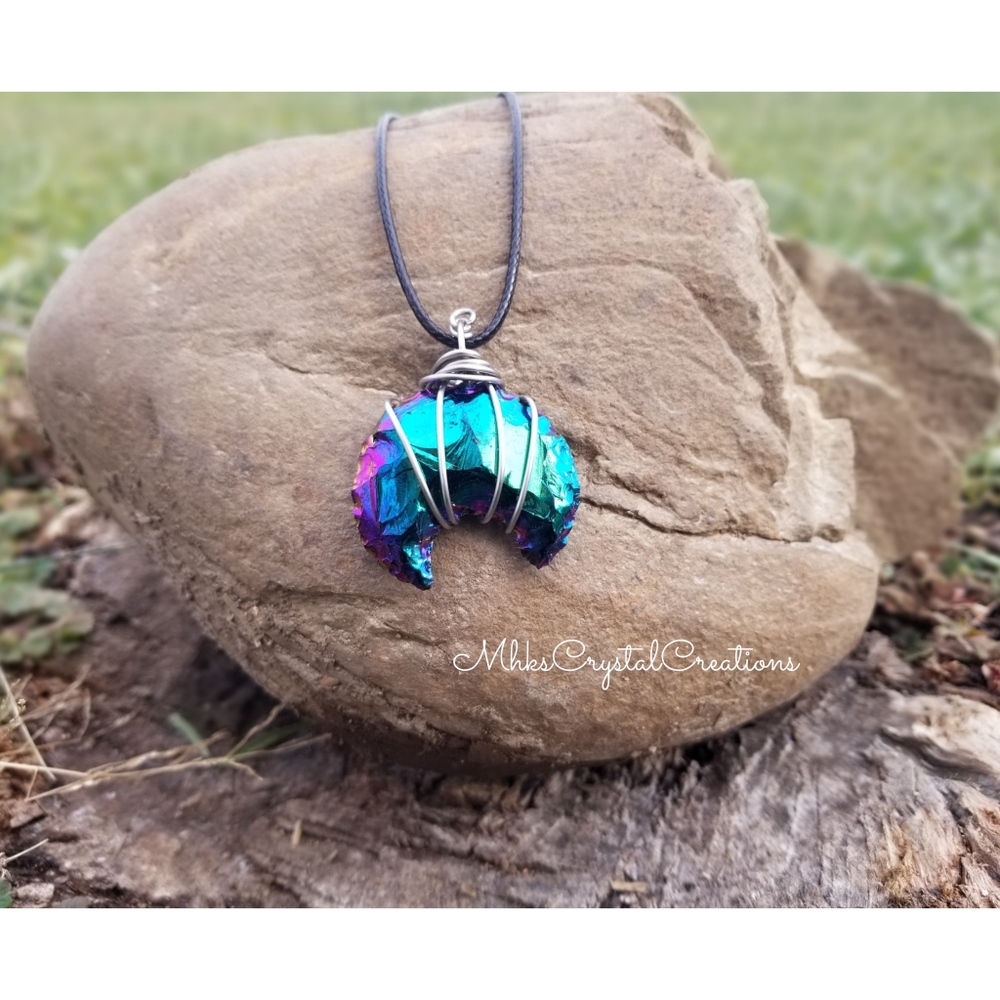 Aura obsidian crescent moon necklace